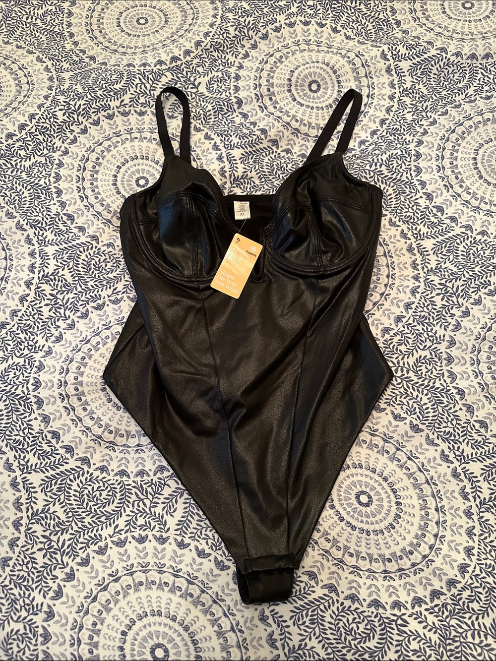 Populish XL Black Faux Leather Bodysuit